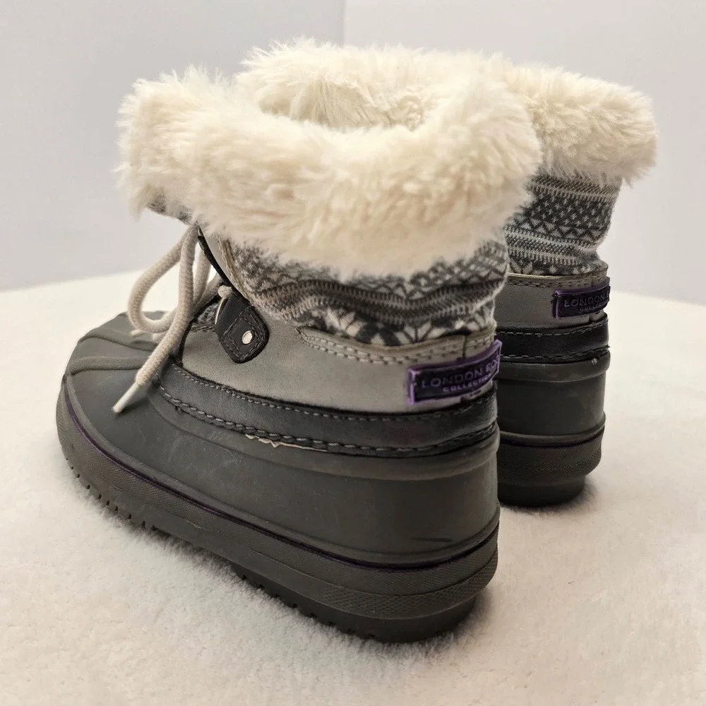 London Fog Kids Faux Fur Duck Boots Gray Black Winter Snow Shoes Size 11